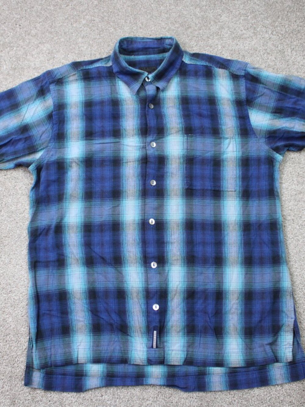 Ted Baker London Shirt Mens 3/ US Medium Blue Plaid Cotton Short Sleeve Button